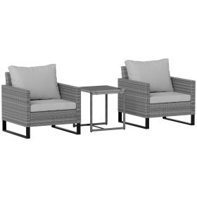 Outsunny 3PCS Patio Set, Wicker Bistro Set with Cushions, Rattan Chairs and Glass Coffee Table for Backyard, Porch, Balcony, Gray