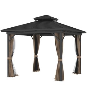 Outsunny 10' x 10' Hardtop Gazebo with Aluminum Frame, Metal Roof Gazebo Canopy w/ Hook, Curtains included, Dark Brown