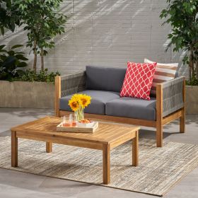 Patio Loveseat and Coffee Table Set, Patio Furniture Set with Cushion, Acacia Wood Frame Conversation Set for Garden, Backyard, Porch and Poolsid