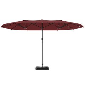 Outsunny Garden Parasol 14.4ft Double-Sided Sun Umbrella with Base, Patio Parasol with LED Solar Lights, Wine Red
