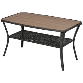 Outsunny Patio Rattan Coffee Table with Storage Shelf Wicker Side Table Wood-plastic Composite Top Mixed Brown