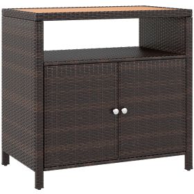 Outsunny Outdoor Storage Cabinet with Acacia Wood Top, Two Doors, Shelf, Wicker Bar Table for Pool Towel Storage, Brown