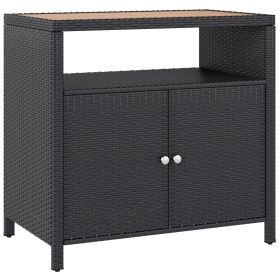 Outsunny Outdoor Storage Cabinet with Acacia Wood Top, Two Doors, Shelf, Wicker Bar Table for Pool Towel Storage, Black