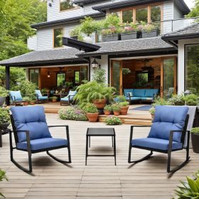 3 Pieces Patio Bistro Set Outdoor Rocking Chair w Blue Cushion for Yard Garden Poolside (Color: as Pic)