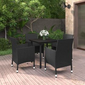 5 Piece Patio Dining Set with Cushions Poly Rattan and Glass (Color: Black)