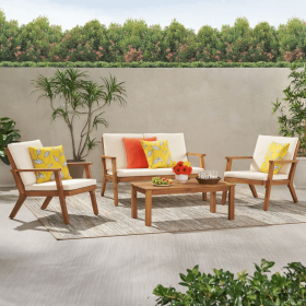 Temecula Outdoor Acacia Wood 4-Seater Chat Set_Loveseat&Coffee Table&2 Club Chairs - Brown Patina Finish + Cream Cushion (Color: as Pic)